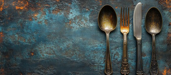 Aufkleber - Rustic vintage cutlery set including fork knife and spoon on textured backdrop with copy space for food or dining related themes