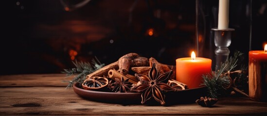 Poster - Cozy rustic dinner table centerpiece with candles dried fruits and spices creating a warm eco-friendly ambiance in dim lighting