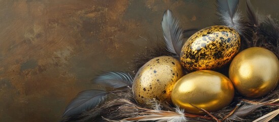 Poster - Gilded quail eggs nestled in a feather nest on wooden boards showcasing elegance and detail for Easter or spring compositions