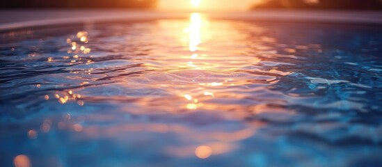 Poster - Abstract reflection of sunlight on tranquil swimming pool water surface with ripples creating a serene and colorful atmosphere at sunset