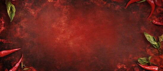 Poster - Vibrant spicy red backdrop with chili peppers and basil for culinary baking presentations and food photography
