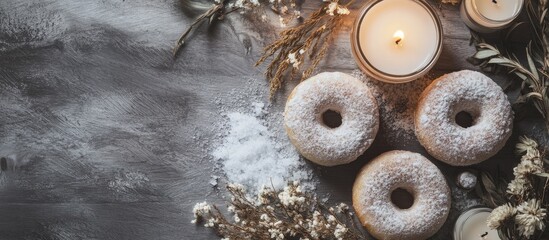 Poster - Spa setting with bath bomb donuts dried flowers salt and candles on a rustic monochrome background for relaxation and beauty treatment