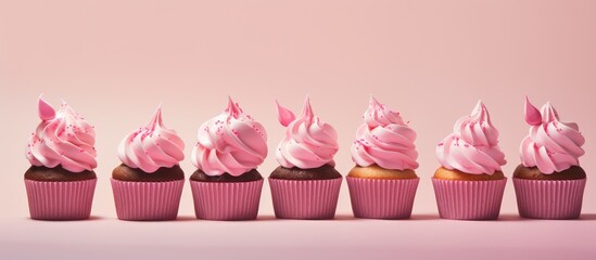Aufkleber - Delightful pink frosted cupcakes lined up for special occasions on a soft pink background