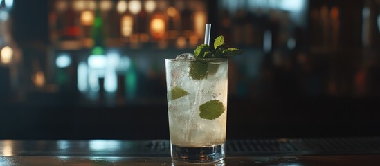Poster - Refreshing mojito cocktail garnished with mint leaves served in an elegant glass on a bar counter with a blurred background ambiance.