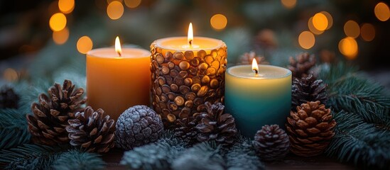 Aufkleber - Festive New Year centerpiece with colorful candles fir cones and a bokeh background for holiday celebrations