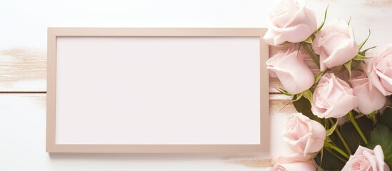 Poster - Wooden frame mockup with blank white paper and delicate pink roses for romantic display Space for text Minimalist trendy design in pastel tones