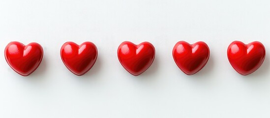 Poster - Red decorative hearts aligned on a white surface symbolizing love and affection for romantic designs and seasonal greetings