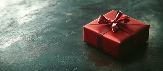 Aufkleber - Red Christmas gift box with ribbon on a dark textured table surface perfect for holiday promotions and festive decoration concepts
