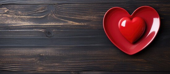 Poster - Red heart shaped decoration on a plate atop rustic wooden background for romantic themes and Valentine's Day concepts