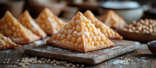 Aufkleber - Traditional triangular pastry preparation with crispy dough filled with poppy halva or chocolate on a rustic wooden surface.
