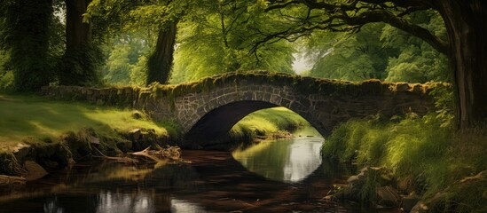 Poster - Charming stone bridge over tranquil river surrounded by lush greenery in serene natural environment