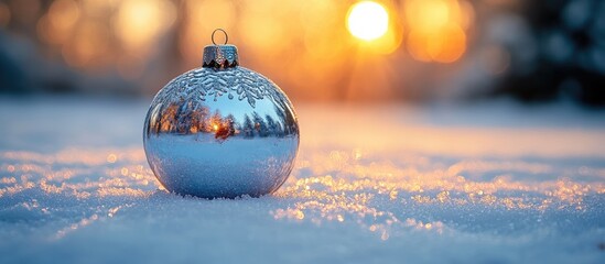 Poster - Silver Christmas Bauble Glimmering on Snowy Ground with Soft Sunset Glow in the Background