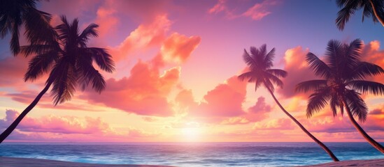 Poster - Tropical Sunset Over Calm Ocean with Silhouetted Palm Trees and Colorful Sky