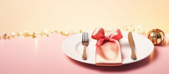 Aufkleber - Elegant table setting with garland and ribbon on a plate with fork set against a soft background for festive dining inspiration