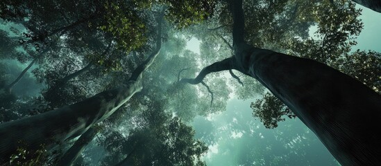 Poster - Serene perspective of sunlight filtering through the lush canopy of towering trees in a tranquil forest setting