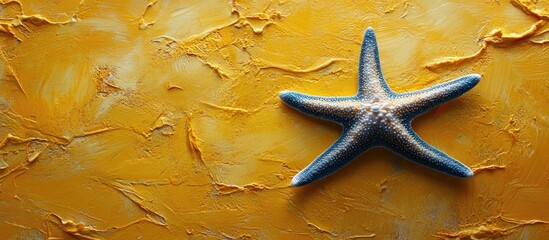 Poster - Starfish on vibrant yellow background representing beach vacation and summer relaxation overhead view