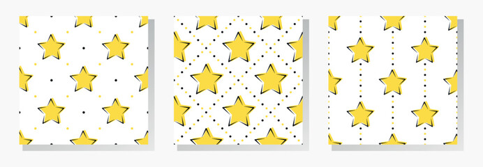 Wall Mural - Yellow doodle stars with black outline on white dotted background. Vector seamless patterns collection.