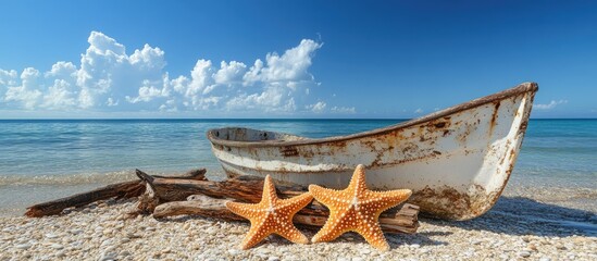 Poster - Serene beach scene featuring a rustic wooden boat, starfish, and driftwood under a clear blue sky and tranquil ocean waves.