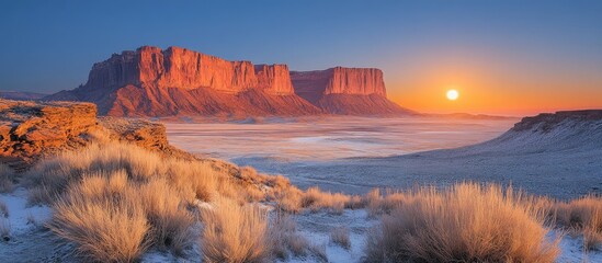 Poster - Dawn light illuminating majestic cliffs and golden grasslands in a serene National Park landscape at sunrise