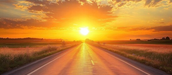 Poster - Golden sunset illuminating a tranquil road surrounded by fields and vibrant skies under dramatic clouds.