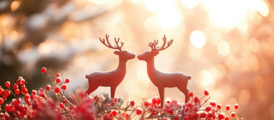 Aufkleber - Decorative red reindeer figurines surrounded by vibrant berries in a festive winter setting with a warm glowing background