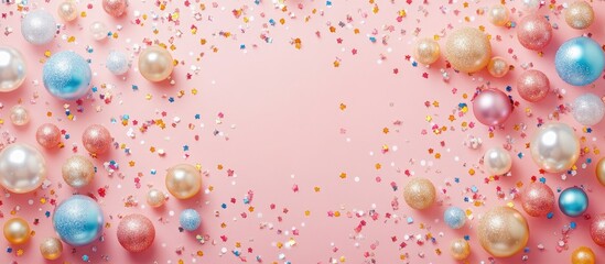 Poster - Festive Christmas or New Year design layout with decorative pearl balls and confetti on pink background ideal for holiday celebrations and invitations