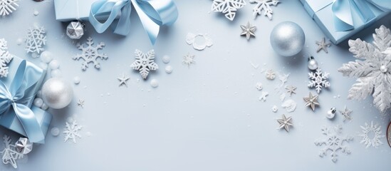 Aufkleber - Elegant Christmas flat lay with silver baubles gift boxes and snowflakes on a serene blue background perfect for holiday celebrations