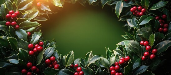 Aufkleber - Minimalist wreath design showcasing lush green leaves and vibrant red berries Elegant natural decoration perfect for festive occasions