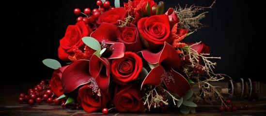 Aufkleber - Elegant red wedding bouquet featuring roses and calla lilies against a dark background creating a romantic atmosphere for special occasions.