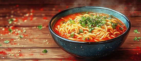 Poster - Delicious noodle soup in a blue bowl garnished with green onions on a wooden table, perfect for fast food imagery and culinary presentations