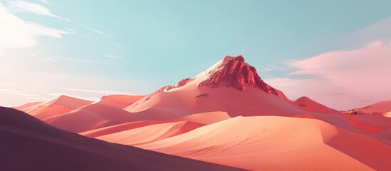 Aufkleber - Stunning red sand desert landscape featuring undulating dunes and a prominent mountain under a vibrant sky.