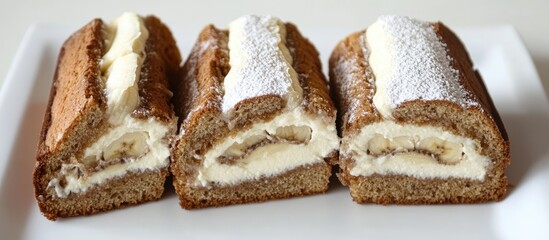 Aufkleber - Sliced banana bread roll with cream cheese cheesecake filling on a white plate