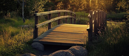 Poster - Wooden bridge in serene landscape illuminated by golden sunset light showcasing tranquility and natural beauty
