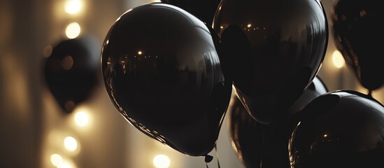Aufkleber - Black balloons with reflections on a blurred backdrop creating an elegant atmosphere for celebrations or events.