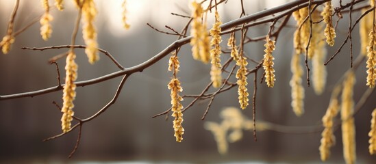 Poster - Willow branches with delicate catkins gracefully swaying in a serene forest setting with a soft blurred background.