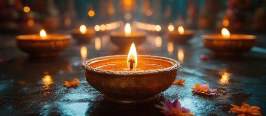 Aufkleber - Oil lamps glowing peacefully during a religious celebration surrounded by flowers and a serene ambiance of light and warmth