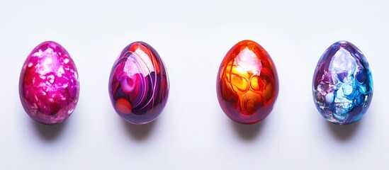Poster - Vibrant Easter eggs displayed on a white background showcasing intricate colors and designs in a festive arrangement.