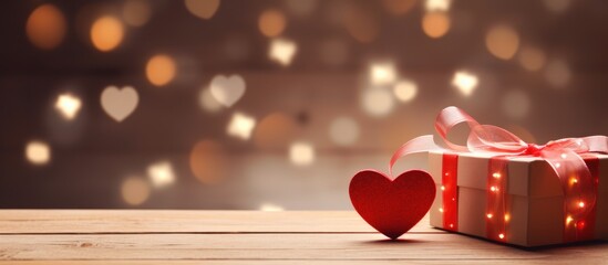 Poster - Red hearts and a beautifully wrapped gift box on a light wooden table with a bokeh background creating a romantic and festive atmosphere