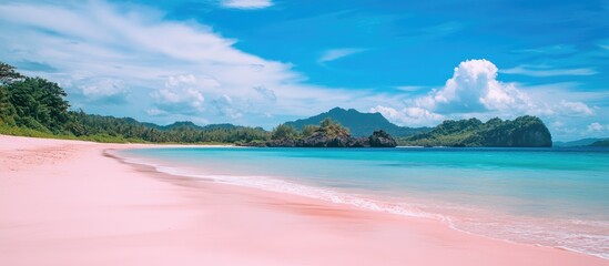 Poster - Scenic view of a pink beach with vibrant pink sand and turquoise seawater under a clear blue sky attracting tourists and nature lovers.