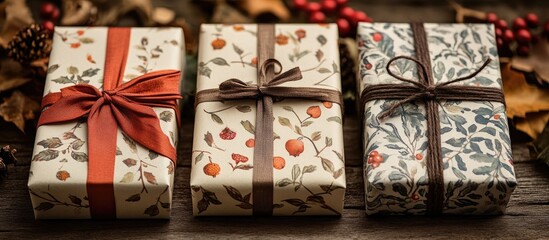Aufkleber - Charming gift wrapping ideas featuring decorative presents with elegant bows and floral patterned paper on a rustic wooden table.