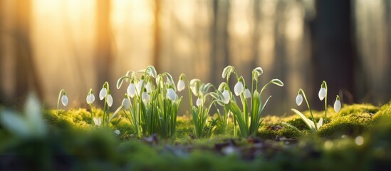Aufkleber - Spring snowdrop flowers blooming in woodland with a soft blurred bokeh background creating a serene and enchanting atmosphere.