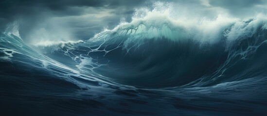 Aufkleber - Dramatic ocean waves crashing against a dark stormy sky capturing the power and beauty of nature's forces in a mesmerizing seascape.
