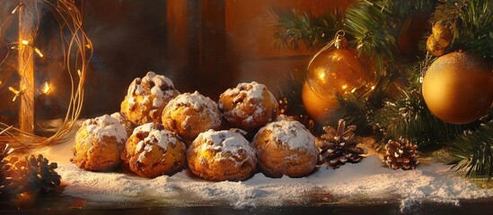 Aufkleber - Festive Oliebollen surrounded by holiday decorations with pinecones and warm lights creating a cozy winter atmosphere