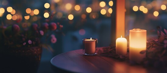 Aufkleber - Cozy romantic evening setting with glowing candles and soft bokeh lights creating an intimate atmosphere for a special occasion.