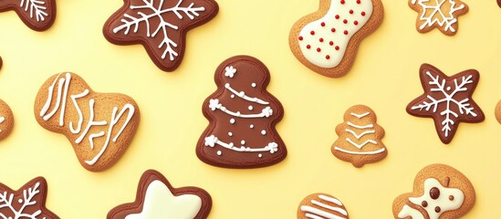 Poster - Seamless pattern of festive Christmas cookies on a warm yellow background creating a cheerful holiday atmosphere