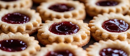 Aufkleber - Homemade cookies with jam center surrounded by assorted round cookies on a baking tray showcasing delightful baked treats.