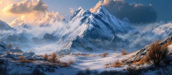 Poster - Majestic Snow-Capped Mountains Under Dramatic Sky with Rolling Clouds and Golden Light at Dusk in a Serene Winter Landscape