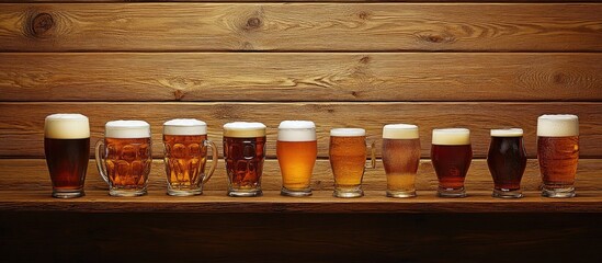 Aufkleber - Assorted beer mugs and glasses with frothy heads arranged on a wooden surface for a festive celebration atmosphere