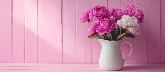 Poster - Purple peonies in a white jug on a pink wooden backdrop creating a rustic floral arrangement for home decor and aesthetics.