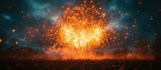 Poster - Festive New Year fireworks bursting in vibrant colors against a dramatic dark sky celebrating the arrival of a new year.